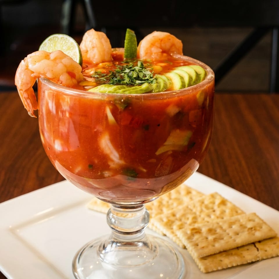 Shrimp cocktail in a large glass with avocado, lime, and cilantro, served with crackers.